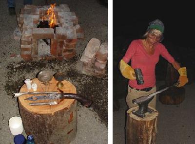 Brigid's forge in background and particpant blacksmithing her blade